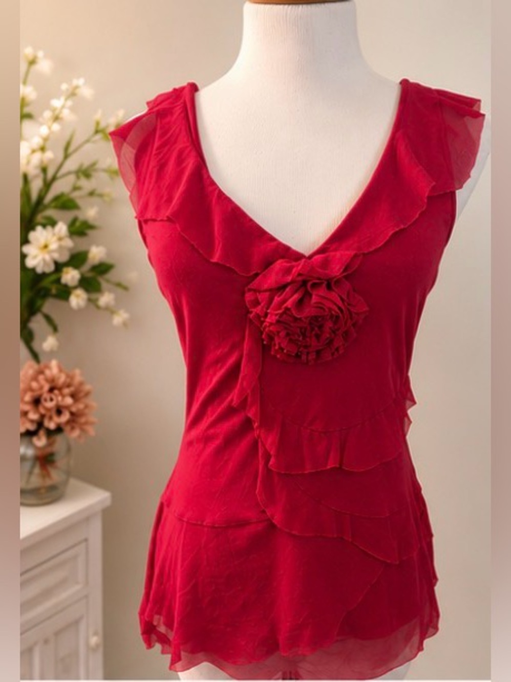 🆕 [Odille] Berry Red Sheer Mesh Rosette Top Size Medium NWT